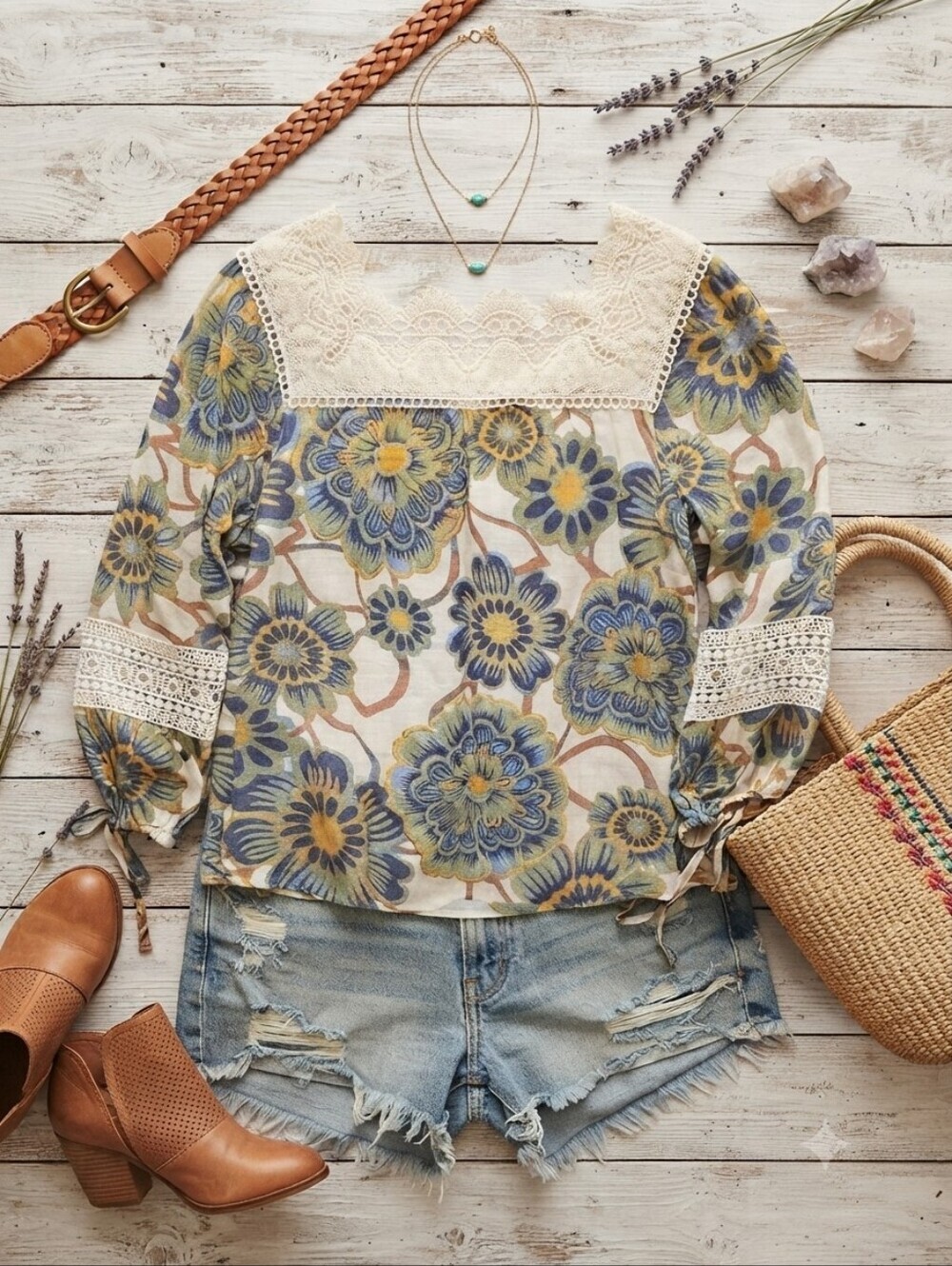 Zac & Rachel Floral Print Crochet Lace Trim Boho Blouse Top